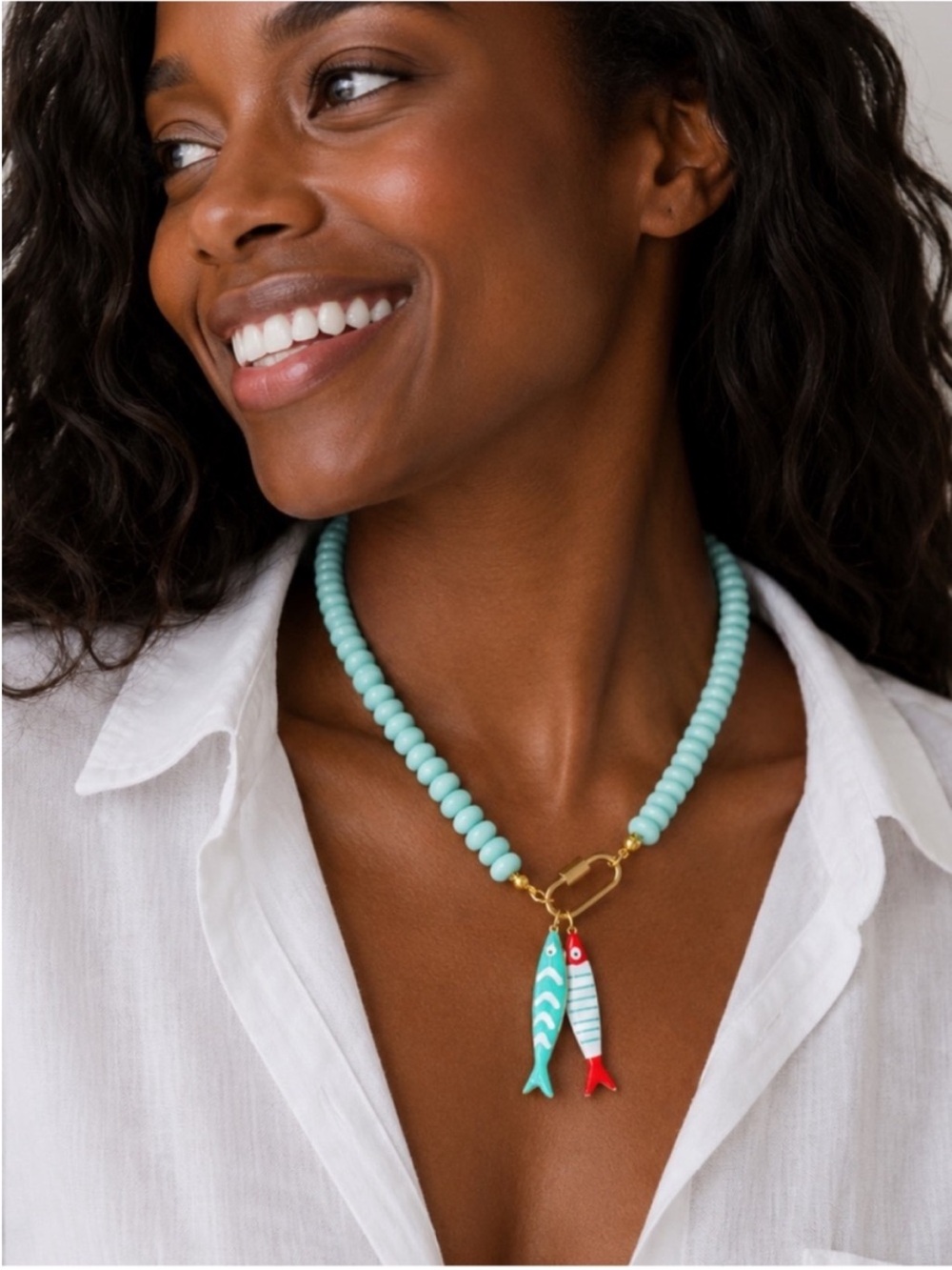 New! Coastal Cyan Beaded Carabiner Fish Sardines Necklace (4018) NWOT